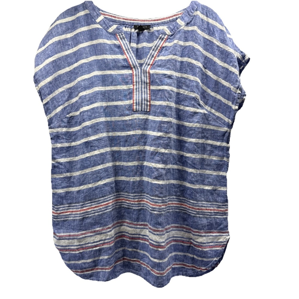 Talbots Womens Linen Top Sz M Blue White Stripe Cap Sleeve Pullover V Neck Beach - Picture 1 of 7